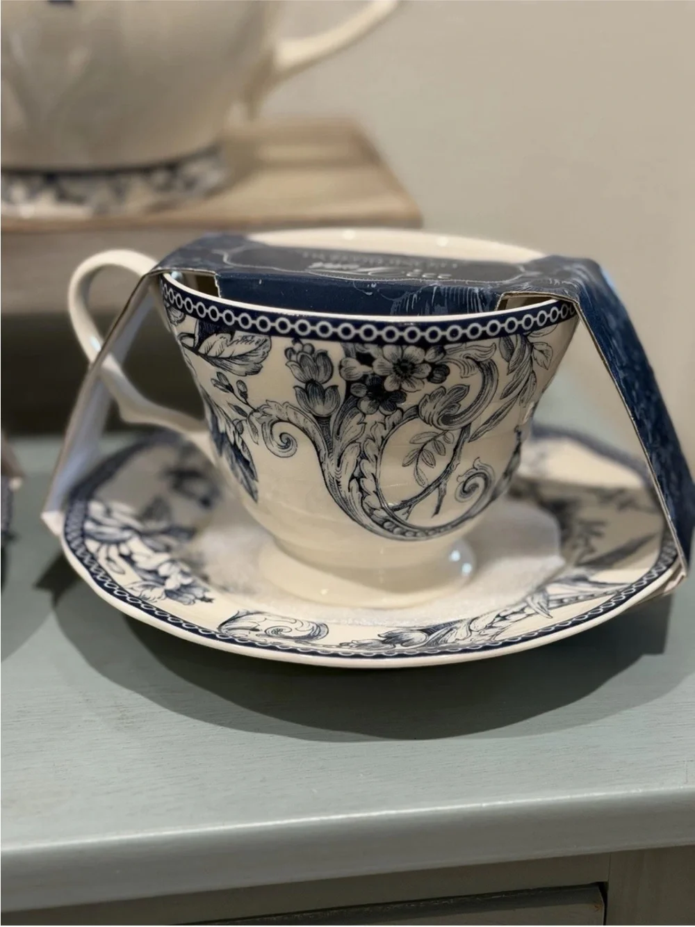 222 Fifth Adelaide Blue Floral Bird Porcelain Tea Pot 7